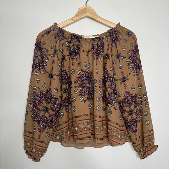 MISA Los Angeles Francesca Off Shoulder Boho Top Small Tumeric Brown Blue Red - Picture 2 of 6